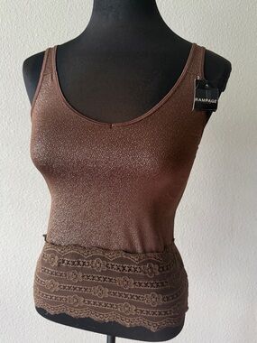 NWT Rampage Chocolate Brown Metallic Shimmer Lace Trim Tank Top Size Small Y2K